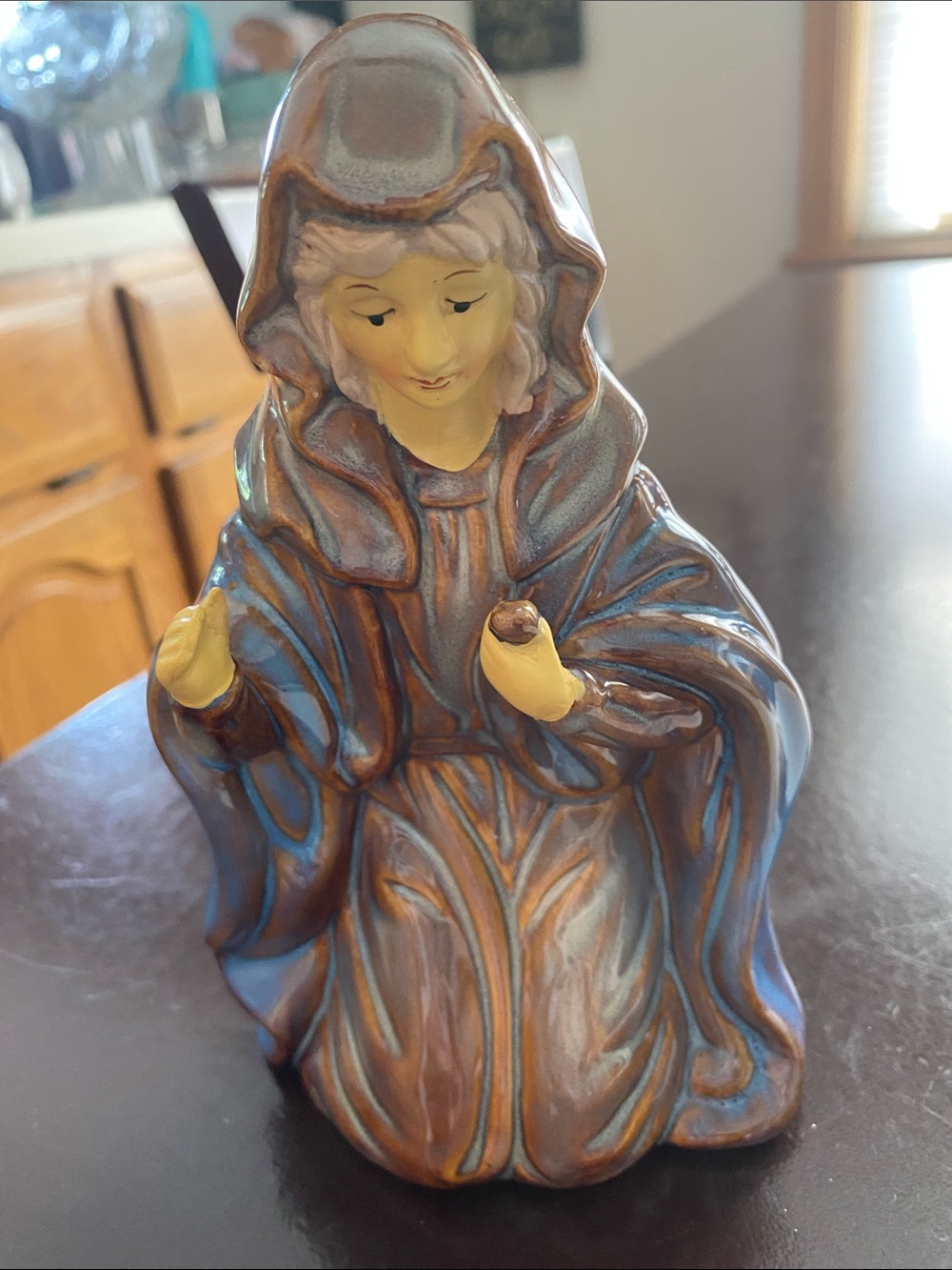 Decorative Ceramic Madonna Figurine - Blue and Brown